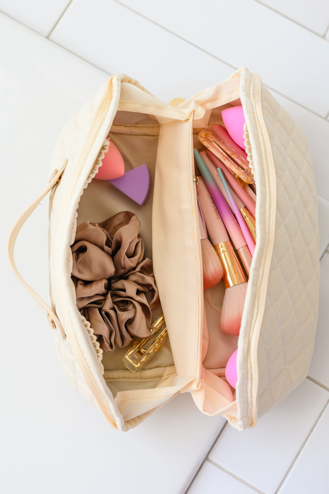 Large Capacity Quilted Makeup Bag in Cream - Riot Co.
