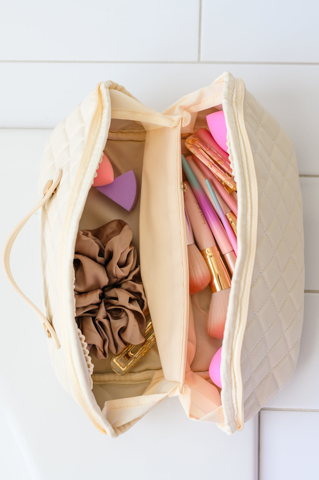 Large Capacity Quilted Makeup Bag in Cream - Riot Co.