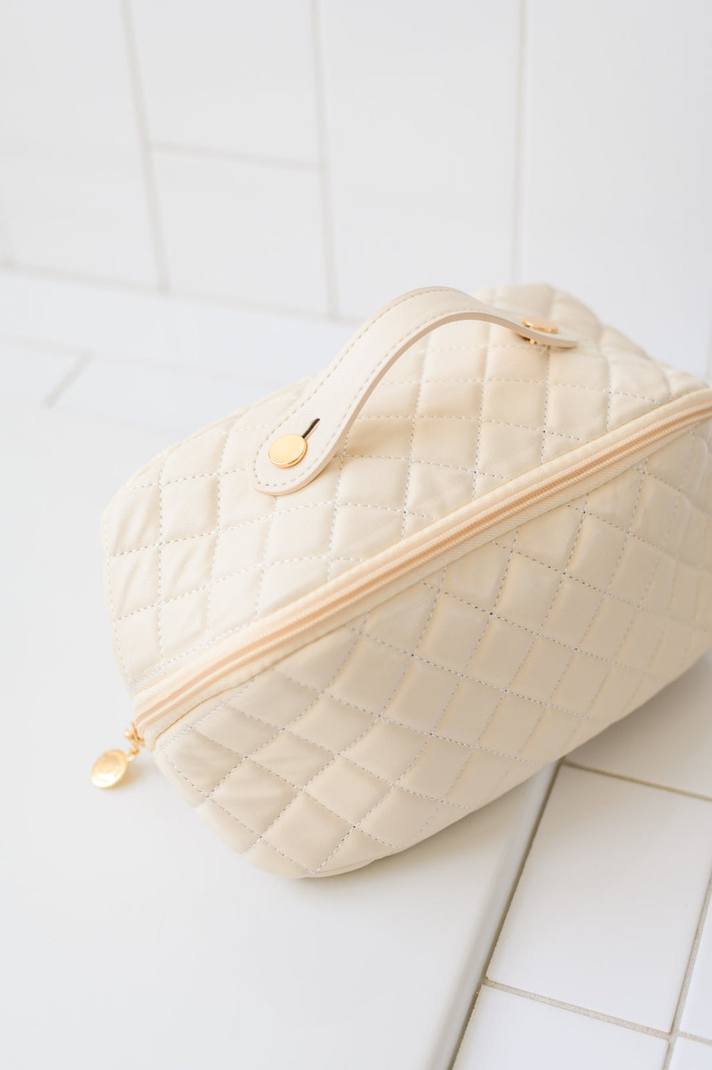 Large Capacity Quilted Makeup Bag in Cream - Riot Co.