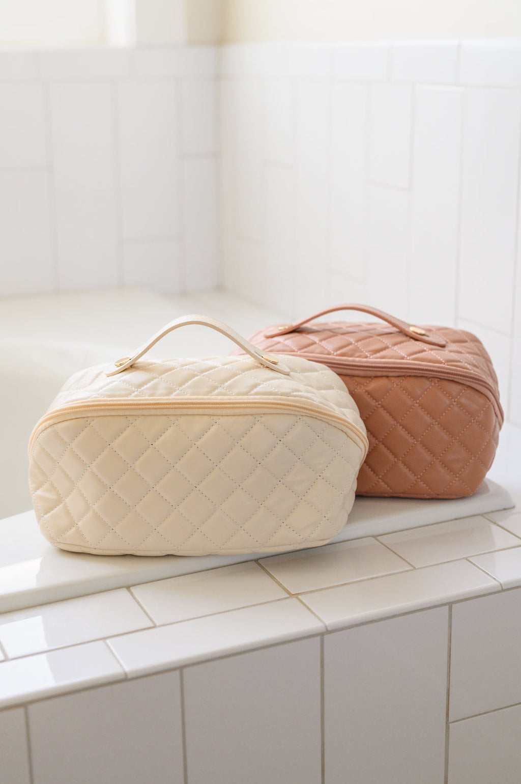 Large Capacity Quilted Makeup Bag in Cream - Riot Co.