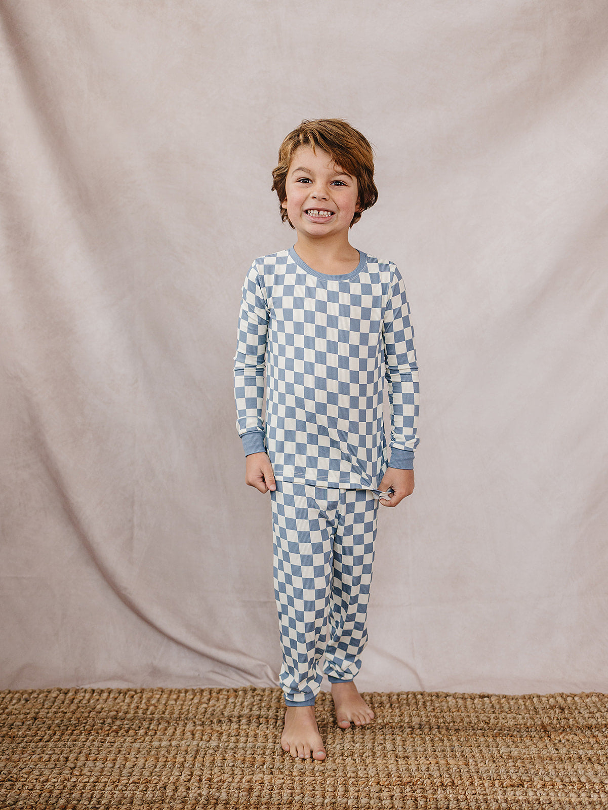 Blue Checkered Ribbed Bamboo Cozy Set