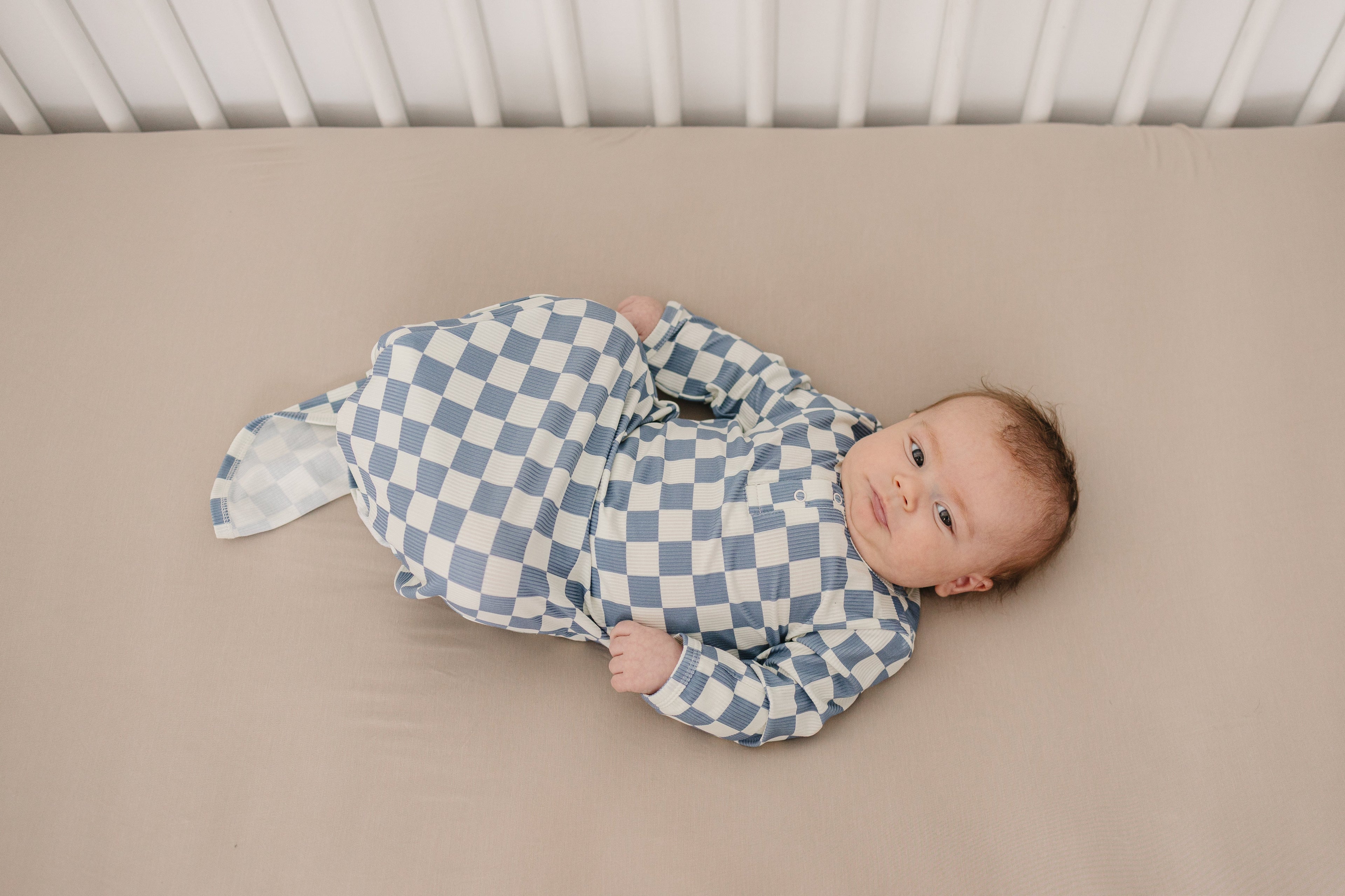 Blue Checkered Ribbed Bamboo Knot Gown